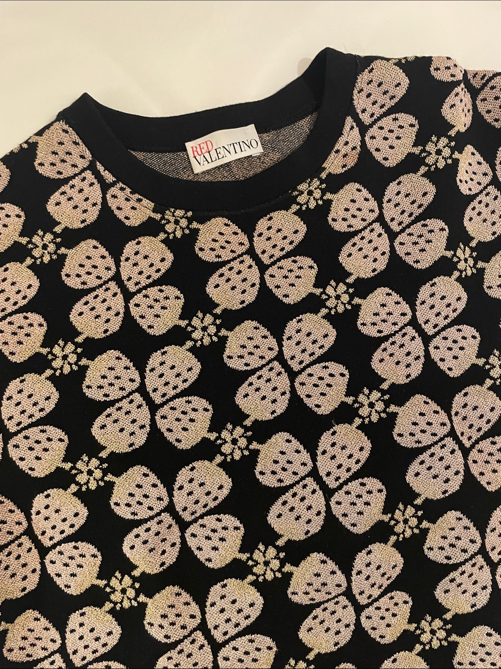 RED Valentino Womens Black Sweater with Pink Strawberry Motif Size Small